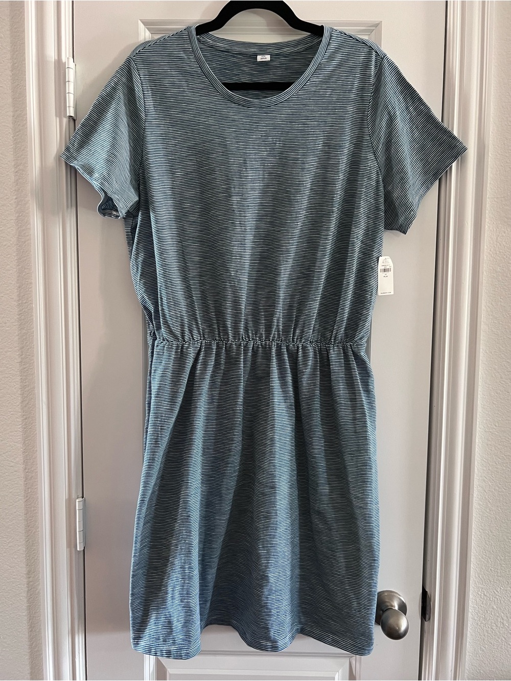 Blue and White Striped Elastic-Waist T-shirt Dress